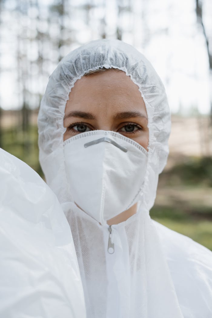 Woman in protective gear standing in a forest, highlighting environmental care.